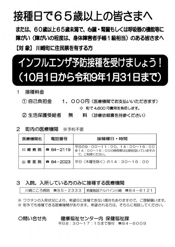 65歳以上インフルエンザ予防接種案内