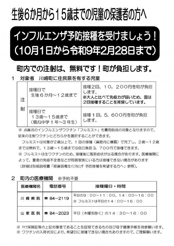 15歳までのインフルエンザ予防接種案内