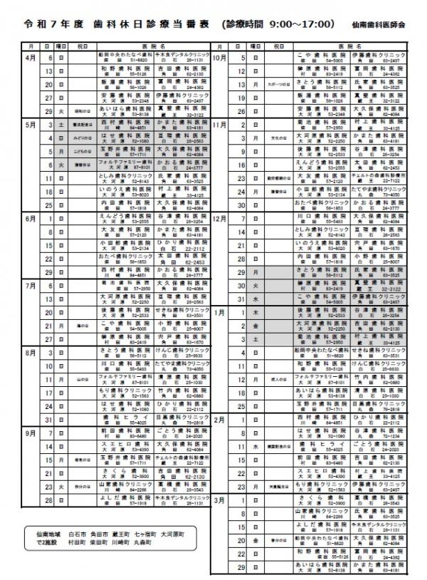 令和7年度　歯科休日診療当番表