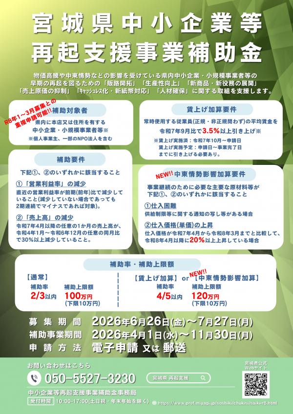 【追加募集】令和8年度宮城県中小企業等再起支援事業補助金